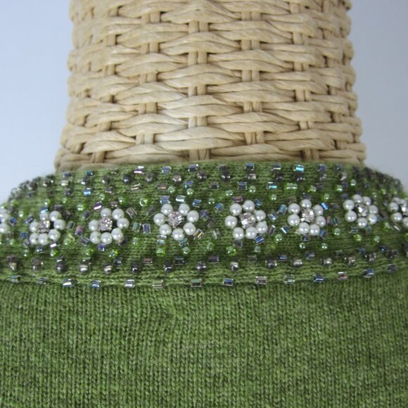 J Crew Women S Olive Green Angora Merino Wool Cashmere Beaded Pearls LS Cardigan - Picture 9 of 9